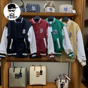 韩国MLB棒球服NY毛呢拼接pu袖薄棉夹克2023男女外套JPB01