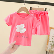 女宝宝运动短袖套装夏季女童时髦两件套洋气婴幼儿童花朵粉色夏装