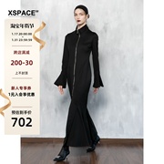 XSPACECOZYOUROUTFIT黑色荷叶袖超长大裙摆外套式拉链连衣裙