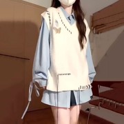 韩版甜美V领蝴蝶明线拼色针织衫毛衣马甲背心女学院风衬衫两件套