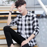 黑白格子衬衫男士长袖韩版初中高中学生帅气外穿衬衣服潮牌外套男