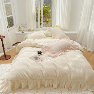 法式白色纯棉床上四件套奶油，公主风100全棉，被套床单网红床裙款夏