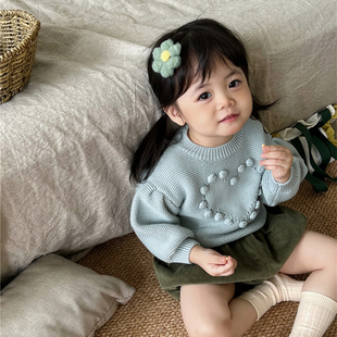 女童秋装毛衣婴幼童甜美毛球针织爱心镂空套头，针织衫百搭毛织上衣