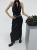 美伢fuzzykon原创设计铆钉荡领缎面，黑套装挂脖背心+半裙