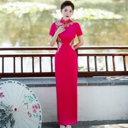 2023年走秀旗袍玫红色老上海气质优雅短袖长款大码舞台演出服