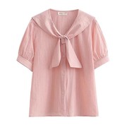 复古条纹粉色短袖衬衫女夏法式小众设计娃娃领衬衣气质泡泡袖上衣
