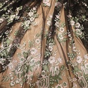 田园风绿色+淡粉色刺绣蕾丝，面料z1婚纱，礼服黑色网纱底布料辅料