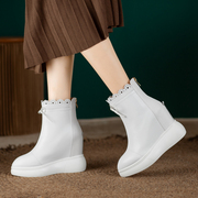 12cm内增高女靴秋冬季厚底，白色真皮坡跟瘦瘦单靴小个子超高跟短靴