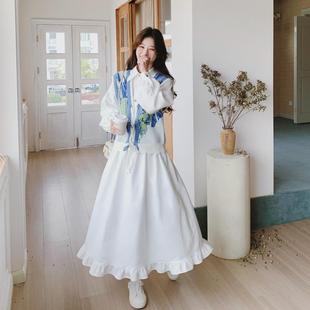 白色连衣裙套装春秋女2024韩版青春减龄小个子针织马甲两件套