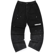 genanx闪电潮牌牛仔裤基础，logo印花黑灰色，宽松牛仔裤长裤男