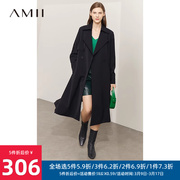 Amii2023秋季高级感风衣女雪纺拼接设计大衣长款黑色压褶外套