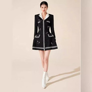 越南设计裙小香风钉珠刺绣，黑色显瘦秋冬气质连衣裙30286