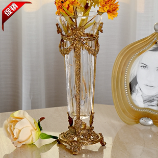 欧式美式水晶玻璃镶铜插花花瓶，家居饰品桌面摆件客厅高档奢华花器