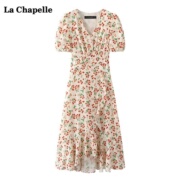 拉夏贝尔lachapelle雪纺短袖，v领连衣裙，女夏季气质收腰碎花裙子