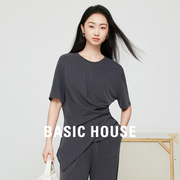 Basic House/百家好T恤女2024春夏装设计感不规则短袖上衣