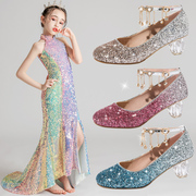 春季女童高跟鞋小女孩粉色水晶鞋，走秀表演出亮片，童鞋子儿童公主鞋