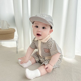 婴儿短袖衣服夏装新生男(新生男)宝宝，连体衣满月百天0一6月周岁哈衣夏季12