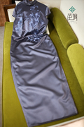 茧玥 灰色重磅真丝重工立体绣花宴会中式复古高端手工长旗袍