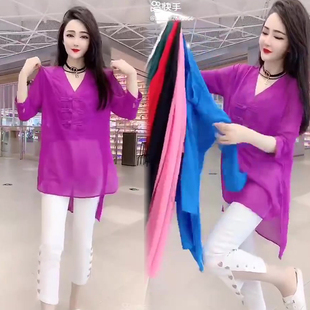 2021夏季雪纺衫女韩版显瘦短袖，v领套头，中长款网红同款中国风上衣