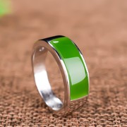 男士玉戒指指环，s925银镶菠菜绿玉戒指，碧玉男戒和田玉戒指指环