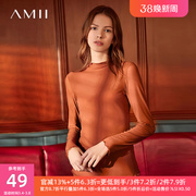 Amii黑色T恤女2024年春季半高领修身显瘦黑色打底衫网纱上衣