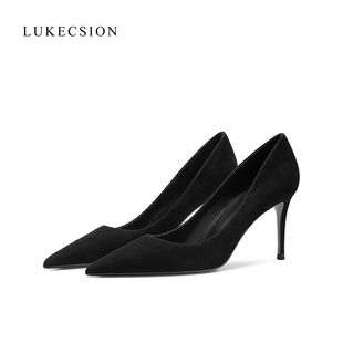 lukecsion黑色细跟大码高跟鞋，真皮舒适百搭磨砂，尖头职业羊皮单鞋