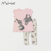 malwee夏季欧美中小童女童套装动物棉长裤短袖两件套裤小女孩童装