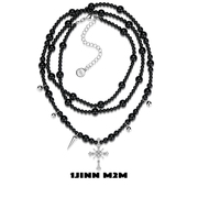 1JINN M2M暗黑哥特黑玛瑙珍珠项链chocker多层叠骨链十字架毛衣链
