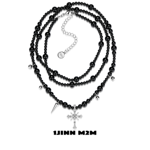 1jinnm2m暗黑哥特黑玛瑙，珍珠项链chocker多层叠，骨链十字架毛衣链