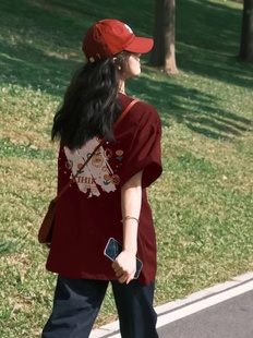 重磅纯棉酒红色短袖，t恤女夏季2024设计感小众多巴胺穿搭上衣