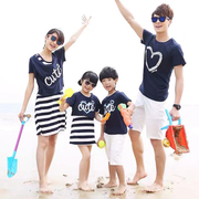 沙滩亲子装韩版夏装爱心条纹，背心裙潮两件套家庭母女，母子短袖t恤