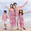 沙滩亲子装海边度家三口母女装粉红色蛋糕连衣裙短袖衬衫套装