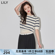 lily2024春女装，复古条纹时尚通勤气质泡泡，袖修身短款毛针织衫