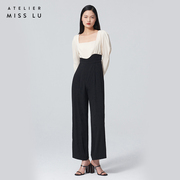 AtelierMissLu设计师品牌波浪设计方领泡泡袖高腰连体裤