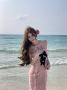 海边旅游拍照氛围感度假长裙仙女粉色蕾丝一字露肩抹胸鱼尾连衣裙