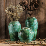 景德镇瓷器美式陶瓷小花瓶客厅插花摆件，绿色陶罐粗陶多肉坛子