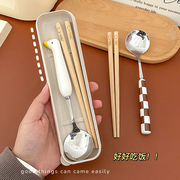 可爱卡通小鸭子木质不锈钢勺子筷子餐具套装一人用学生便携收纳盒