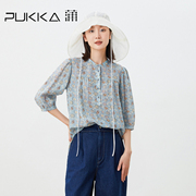 蒲pukka原创设计女装，夏季宽松苎麻，印花新中式立领衬衫