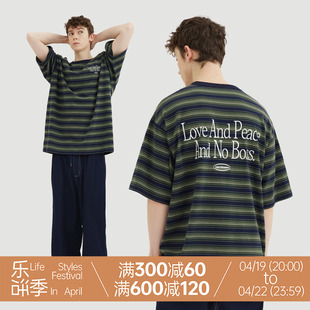 WARMTREES 24SS Love And Peace And No Boss藏青军绿条纹短袖T恤