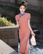 红色格子旗袍棉麻春夏季连衣裙，少女士青年轻款日常穿的复古民国风