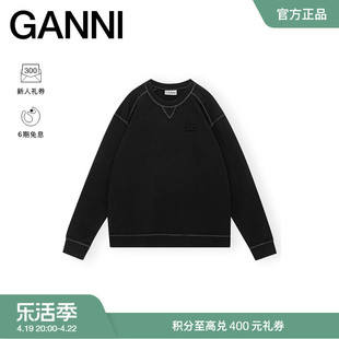 ganni女装蝴蝶logo黑色落肩长袖，运动衫休闲套头卫衣t3566099