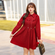 大码女装通勤红色衬衫，领连衣裙2023秋冬微胖mm显瘦遮肉a字裙