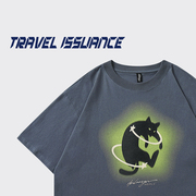 TRAVEL ISSUANCE 黑猫绿眼 日系潮牌街头个性猫咪T恤男女宽松短袖