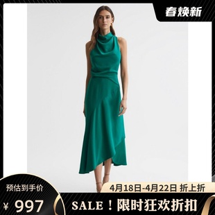 REISS绿色堆堆领连衣裙中长不规则裙摆高腰修身优雅名媛通勤