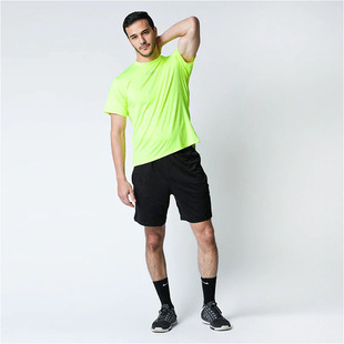 外贸男士运动T恤 速干短袖跑步健身上衣 透气修身圆领 荧光绿黑色