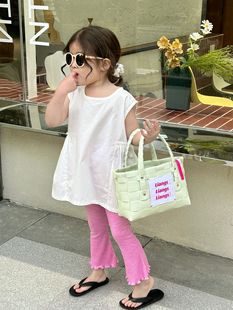2023夏季韩国女童白色娃娃，衫衬衣中长款衬衫，无袖上衣喇叭裤子