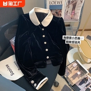 黑色丝绒娃娃领小香风外套，女2023春秋，高级感时尚名媛洋气衬衫