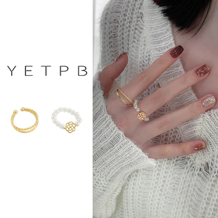山茶花珍珠戒指女小众设计2024食指戒时尚个性高级感叠戴指环