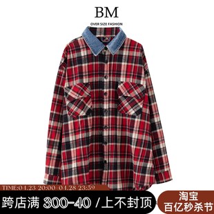 BM Fashion美式复古牛仔领格子长袖衬衫上衣bm慵懒风情侣款外套酷