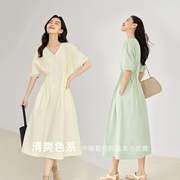 对白法式纯棉V领连衣裙女夏2024简约优雅设计感收腰显瘦裙子